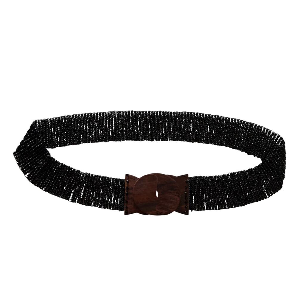 Black Beaded Wooden Buckle Belt Plus Size OS Stretchy Boho Forest Fairy Y2K 2000
